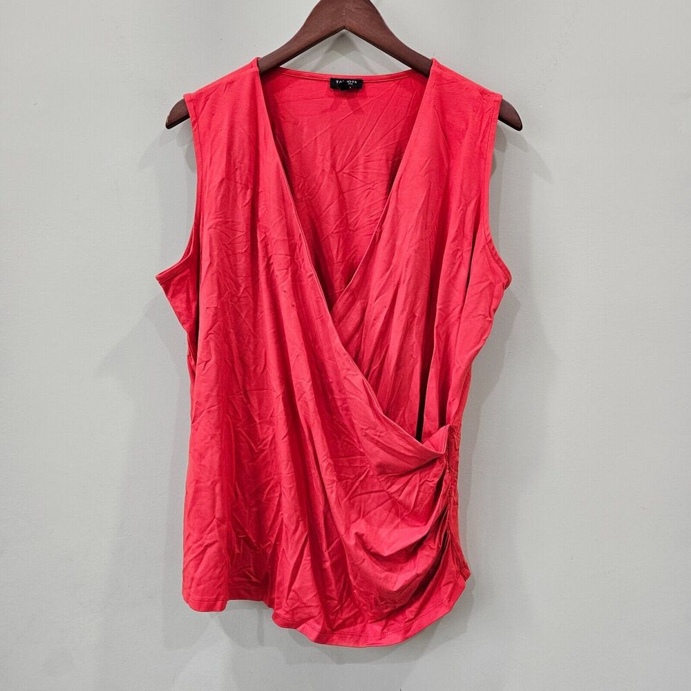 Talbots Womens Faux Wrap Top Petite 2XP Red Sleeveless Ruched Casual Bright